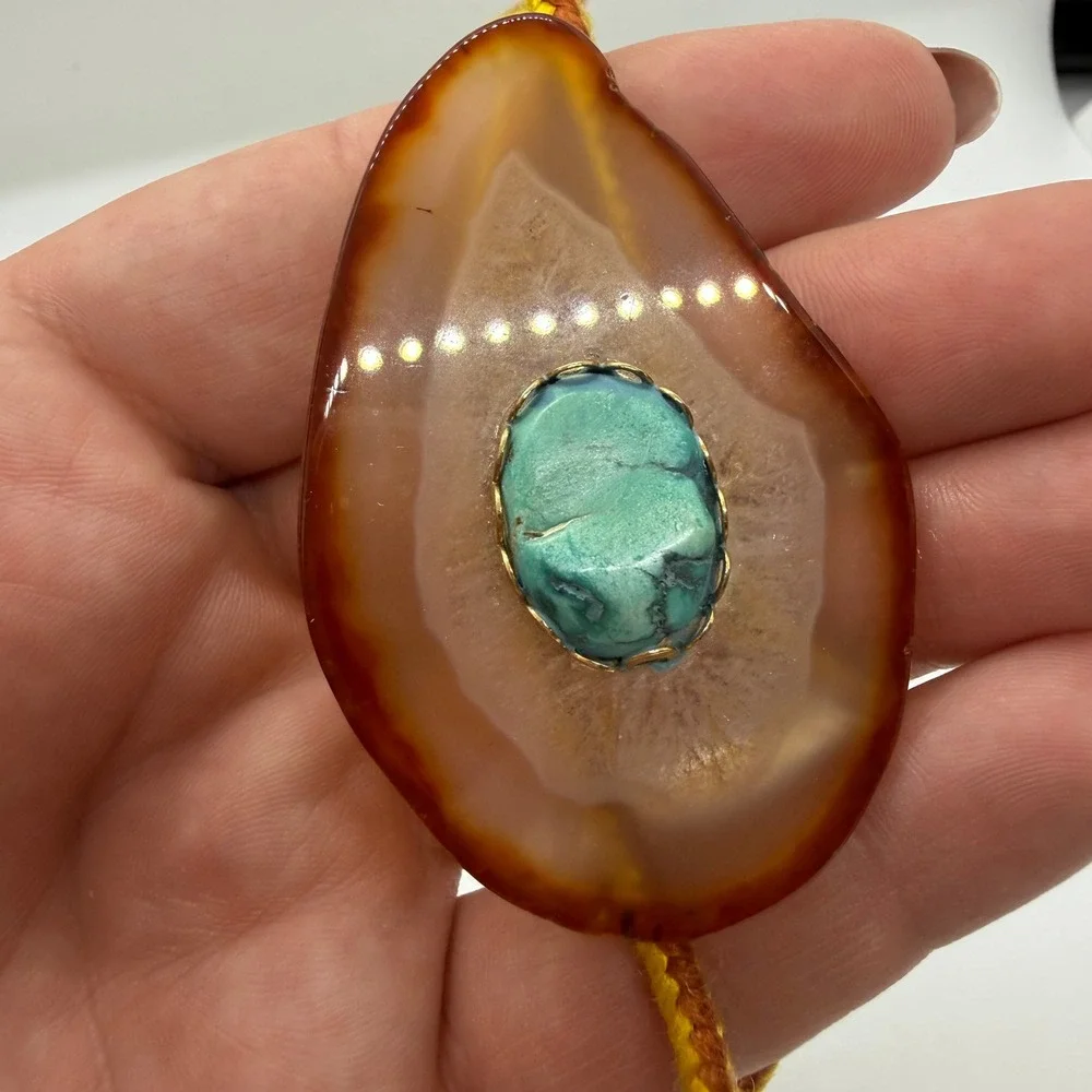 Vintage Agate Slice Bolo Tie with Turquoise Center Yellow Orange Braided Cord